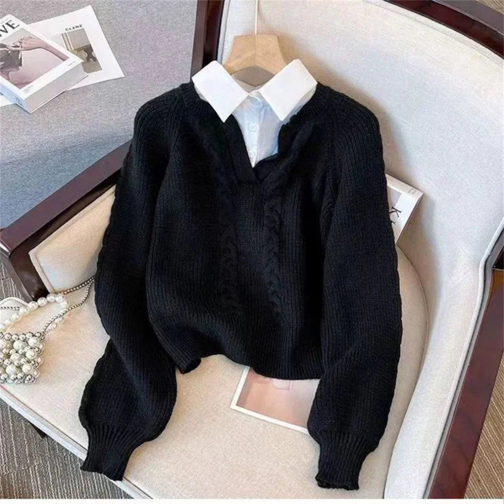 Pull en Maille Tressé 2 en 1 avec Chemise à Col V