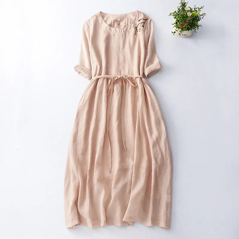 Robe Brodée Légère Manches Courtes avec Ceinture - Printemps/ Été 2026