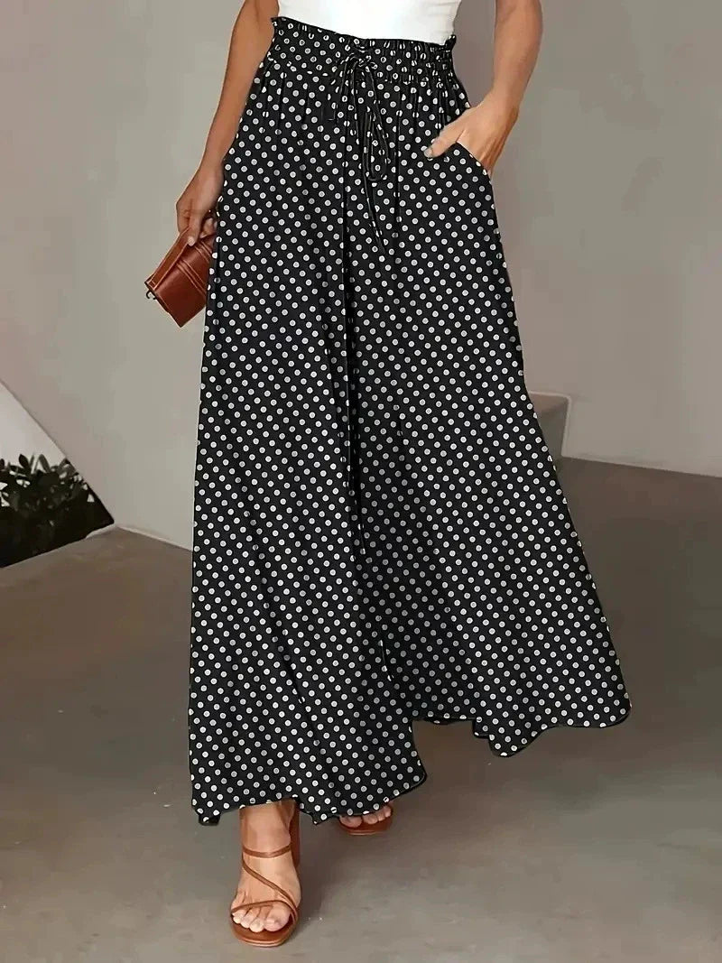 Pantalon Fluide à Jambes Larges avec Taille Élastique à Pois