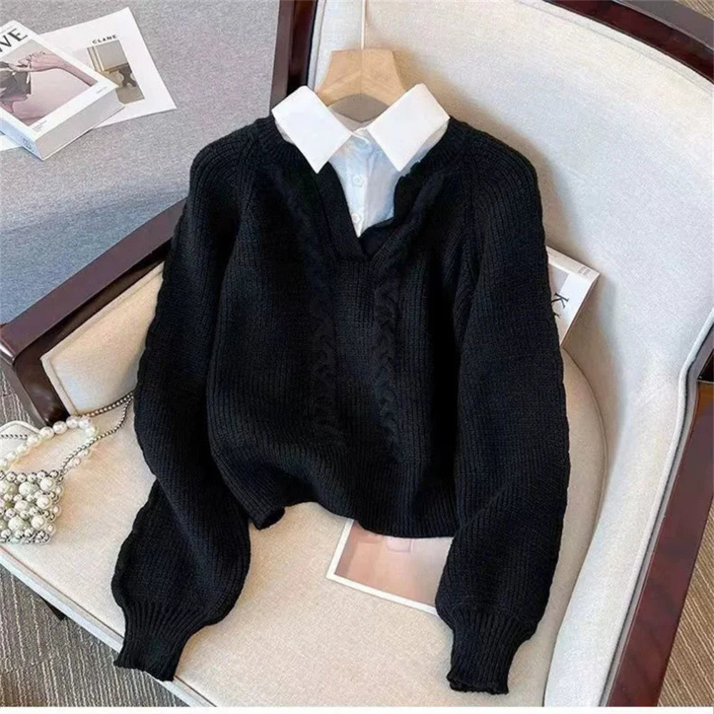 Pull en Maille Tressé 2 en 1 avec Chemise à Col V
