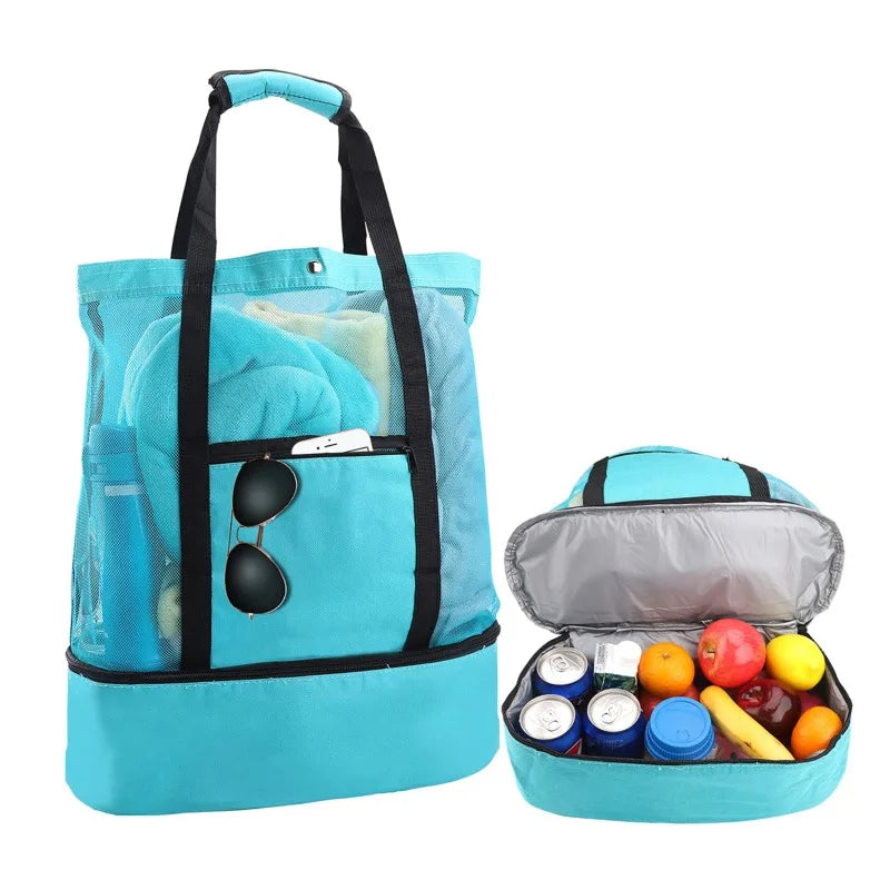 Grand Sac de Plage en Maille avec Compartiment Isotherme – Fourre-Tout pour Pique-Nique, Camping et Loisirs