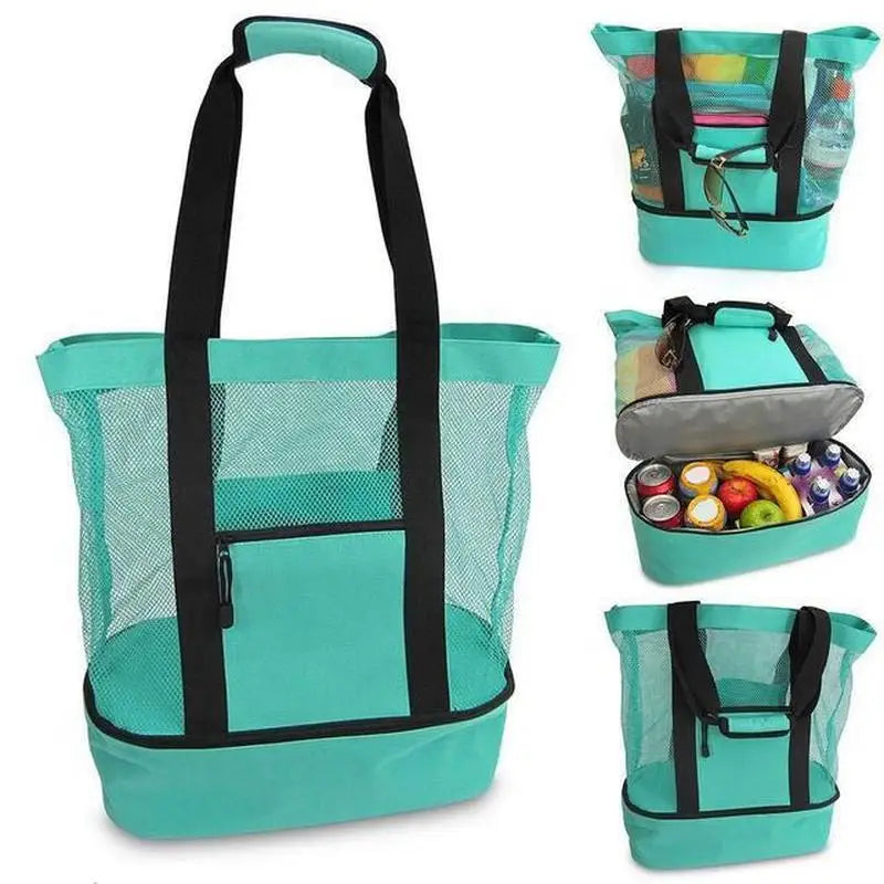 Grand Sac de Plage en Maille avec Compartiment Isotherme – Fourre-Tout pour Pique-Nique, Camping et Loisirs