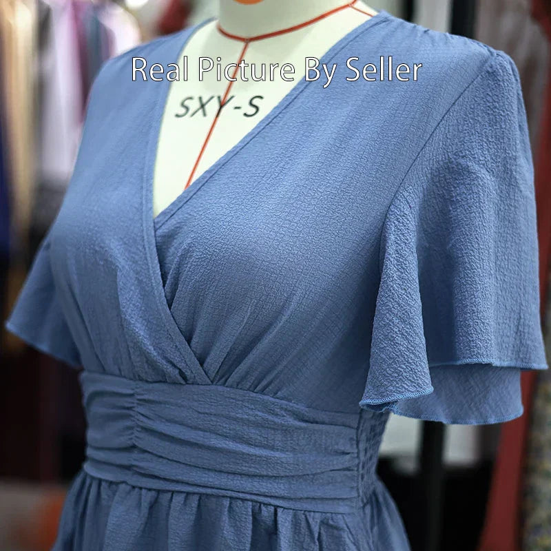 Robe longue Infroissable Col V à Taille Cintrée