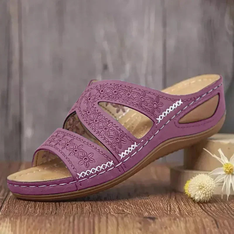 Sandales Mules Ortho+ à Talon Compensé à Motif Fleurs Cousues