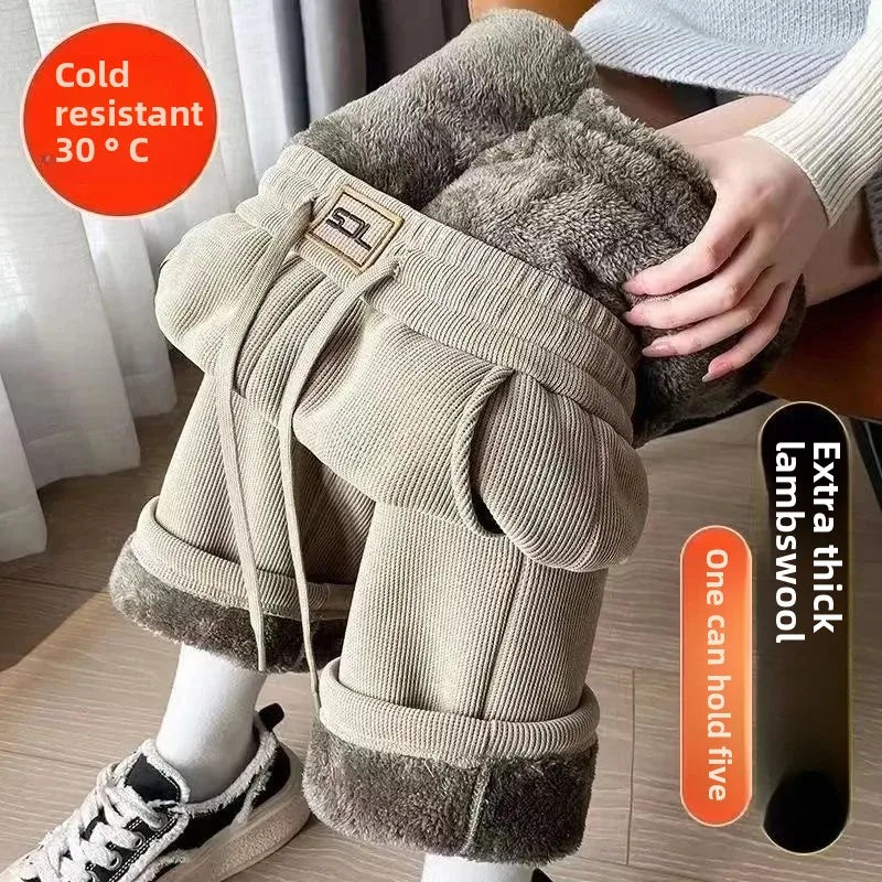 Pantalon Chaud & Ample en Velours Côtelé avec Double en Fourrure