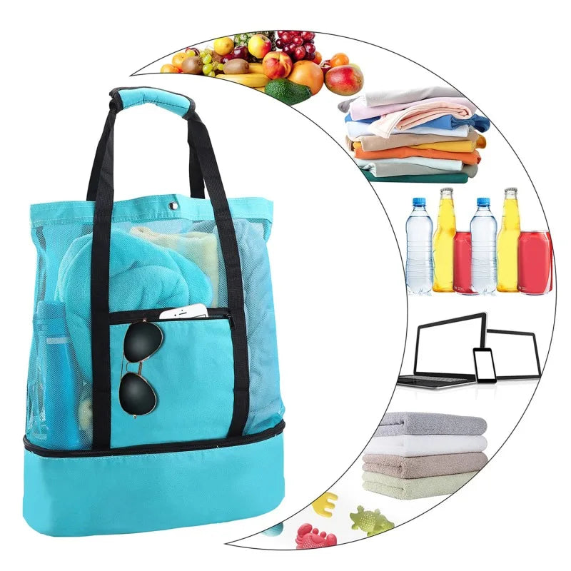 Grand Sac de Plage en Maille avec Compartiment Isotherme – Fourre-Tout pour Pique-Nique, Camping et Loisirs