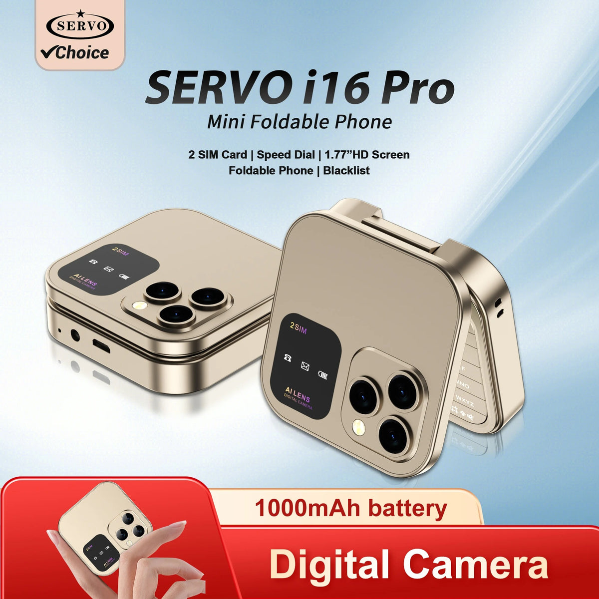 Mini Téléphone Portable Pliable Servo i16 Pro - Dual Sim & Raccourcis Appels