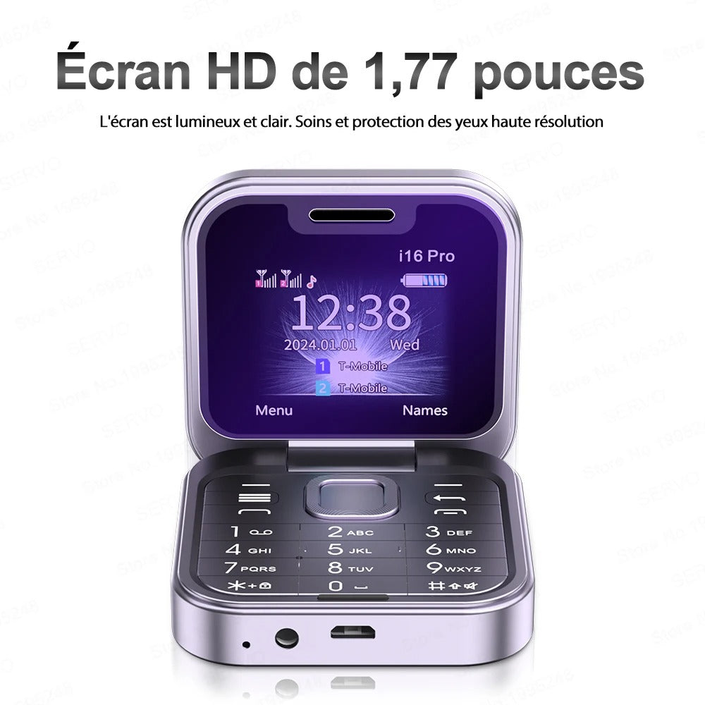 Mini Téléphone Portable Pliable Servo i16 Pro - Dual Sim & Raccourcis Appels