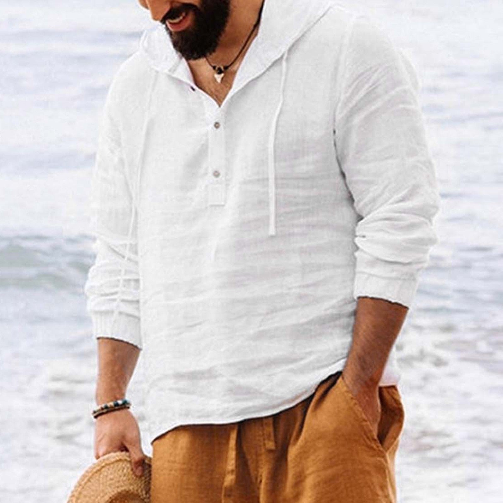 T-Shirt à Manches Longues et à Capuche en Lin