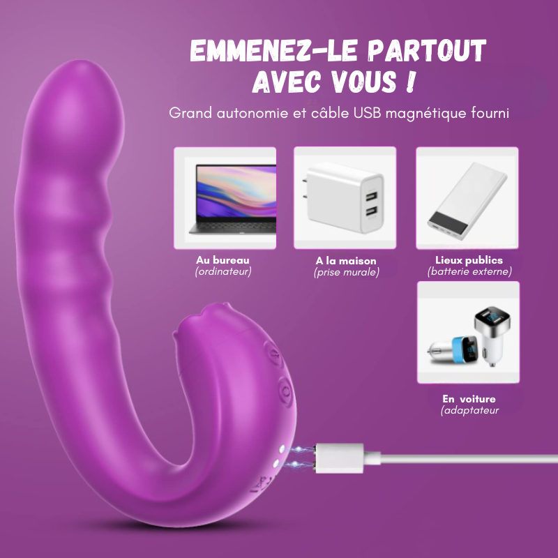 Vibromasseur point G à tête rotative et langue vibrante