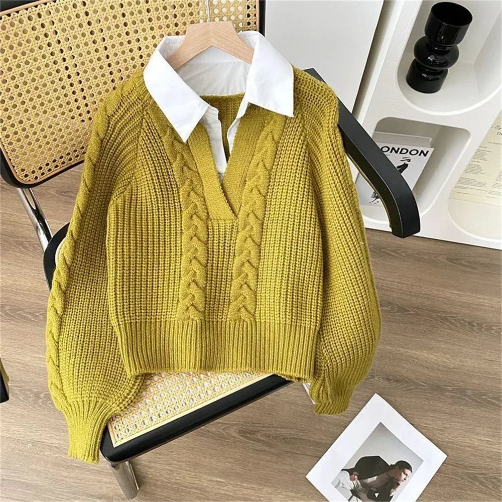 Pull en Maille Tressé 2 en 1 avec Chemise à Col V
