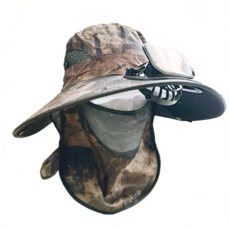 Chapeau Anti-UV 3 EN 1 avec Ventilateur Solaire Intégré et Large Bord - Masque Amovible
