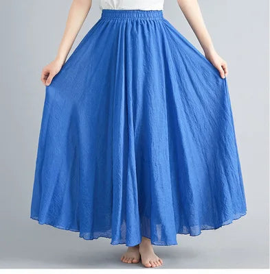 Jupe Longue en Coton & Lin à Taille Haute Élastique