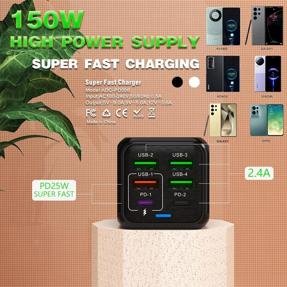 Chargeur USB 150W à 6 Ports et Charge Rapide 3.0 - Câble USB-C OFFERT