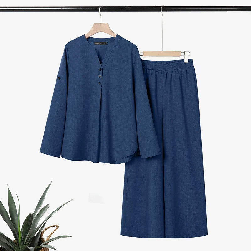Ensemble Femme 2 Pièces – Blouse Semi-Boutonnée et Pantalon Large Décontracté