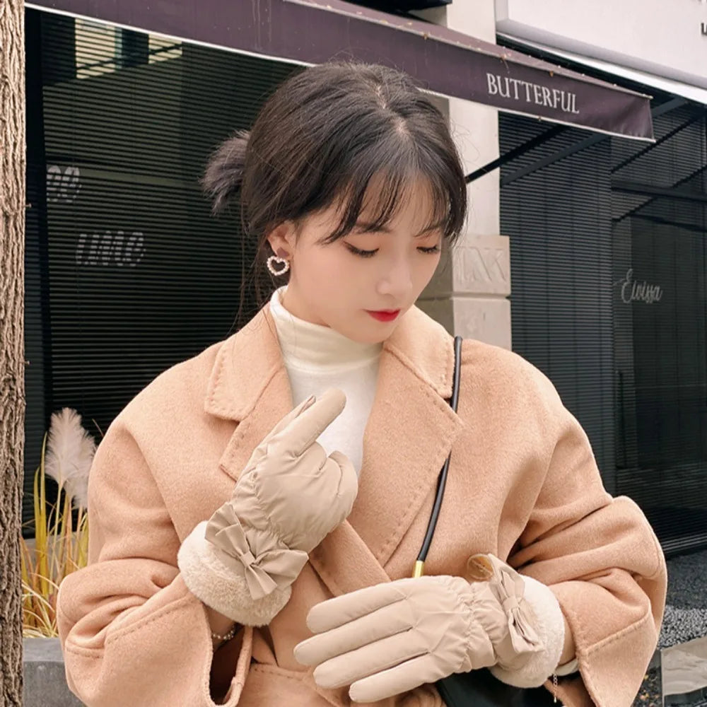 Gants chauds & imperméables intérieur fausses fourrure avec noeud