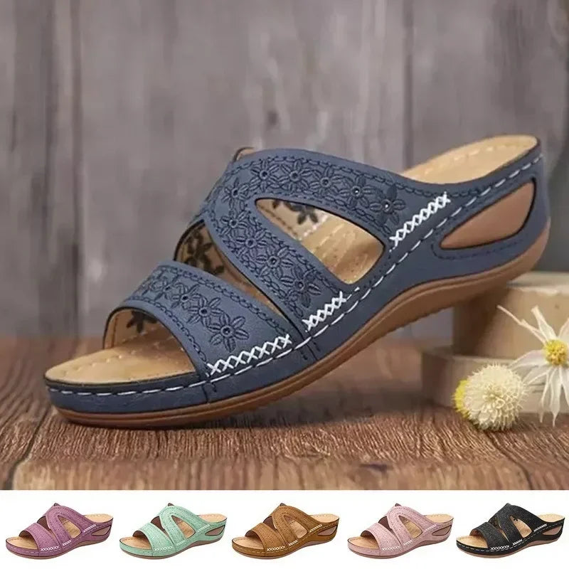 Sandales Mules Ortho+ à Talon Compensé à Motif Fleurs Cousues