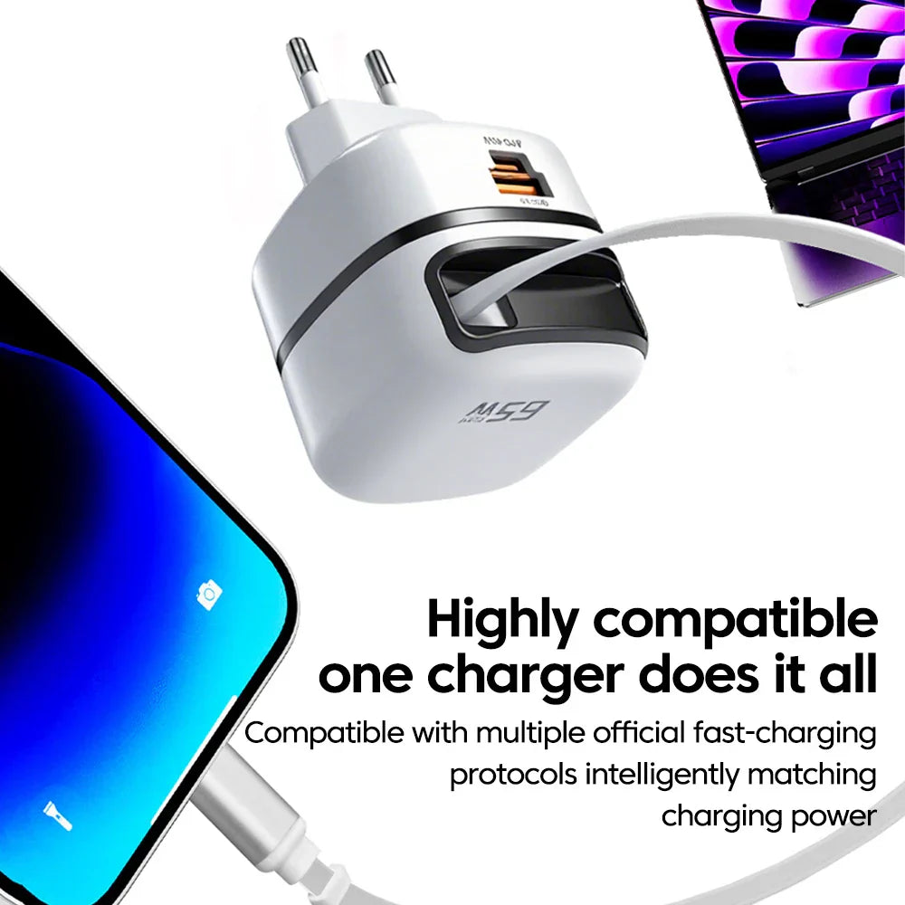 Chargeur Rapide 65W 2 Ports + Câble Rétractable