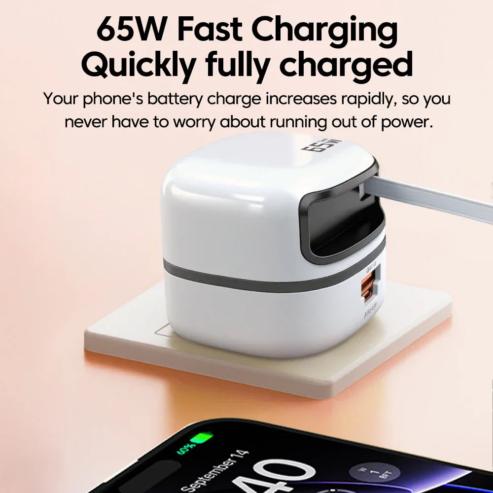 Chargeur Rapide 65W 2 Ports + Câble Rétractable