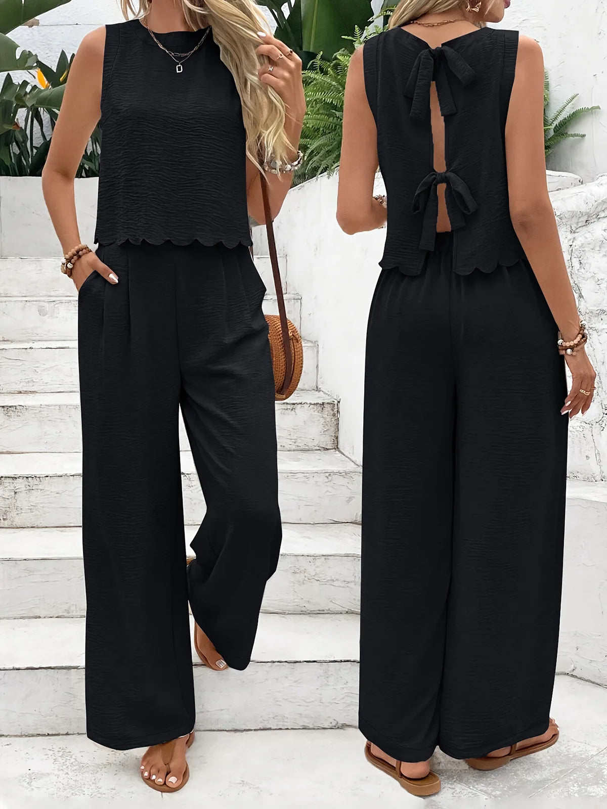 Ensemble 2PCS Pantalon Fluide + Top à Noeud dans le Dos