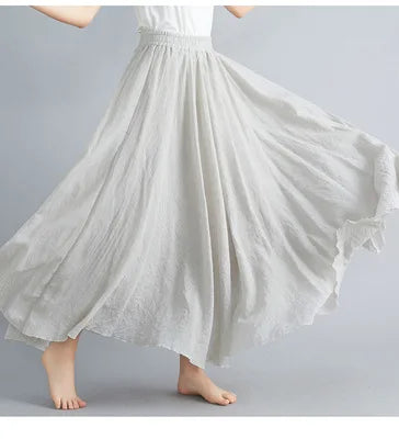 Jupe Longue en Coton & Lin à Taille Haute Élastique