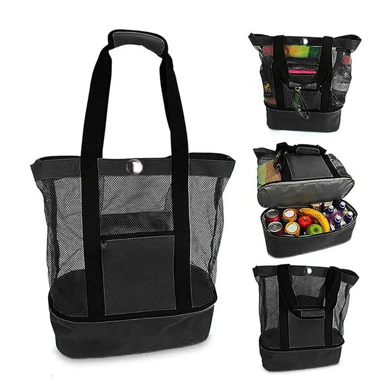 Grand Sac de Plage en Maille avec Compartiment Isotherme – Fourre-Tout pour Pique-Nique, Camping et Loisirs