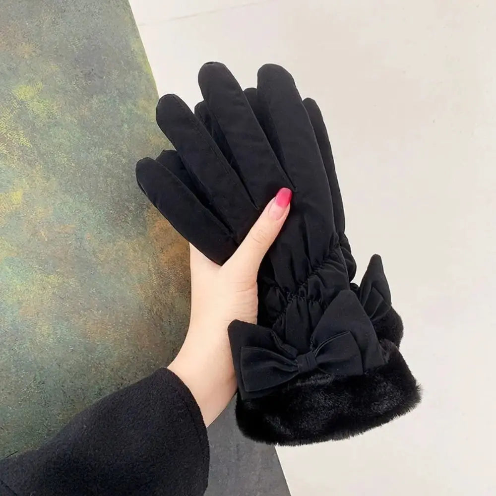 Gants chauds & imperméables intérieur fausses fourrure avec noeud