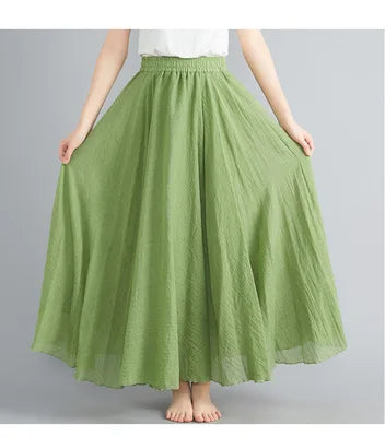 Jupe Longue en Coton & Lin à Taille Haute Élastique
