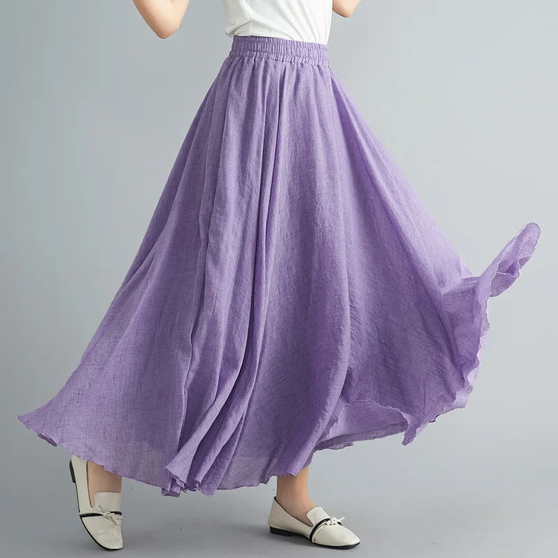 Jupe Longue en Coton & Lin à Taille Haute Élastique