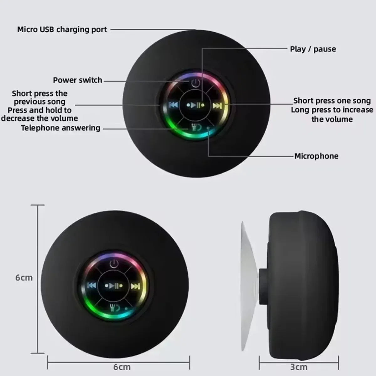 Enceinte Bluetooth Étanche IPX4 avec Lumières LED – Haut-Parleur Portable à Ventouse pour Douche et Outdoor
