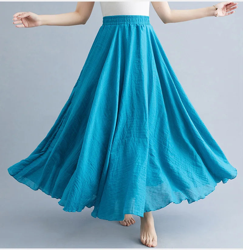 Jupe Longue en Coton & Lin à Taille Haute Élastique