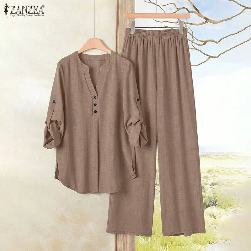 Ensemble Femme 2 Pièces – Blouse Semi-Boutonnée et Pantalon Large Décontracté