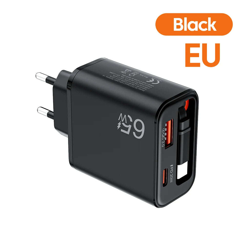 Chargeur Rapide 65W USB-C avec Câble Retractable