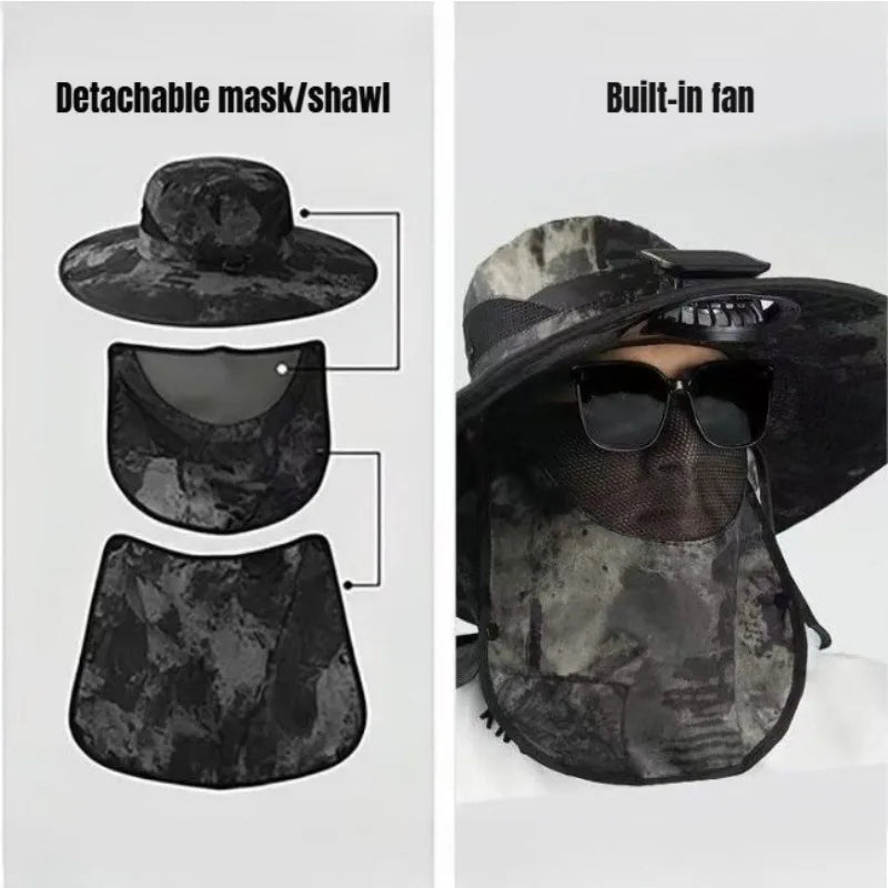 Chapeau Anti-UV 3 EN 1 avec Ventilateur Solaire Intégré et Large Bord - Masque Amovible