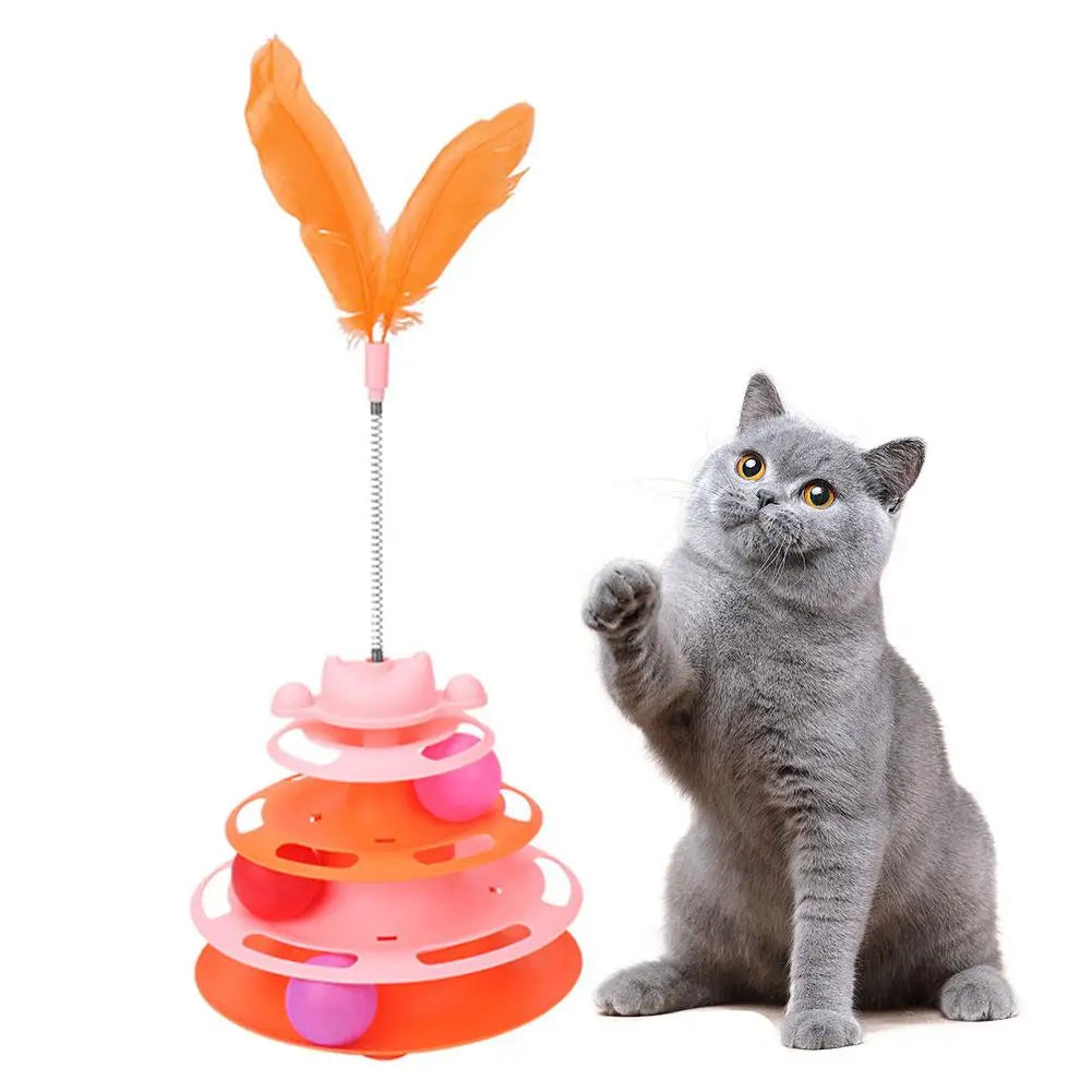 Jouet Interactif pour Chat à 4 Niveaux – Circuit de Balles Tournantes & Plume Mobile – Jeu d’Éveil et d’Exercice