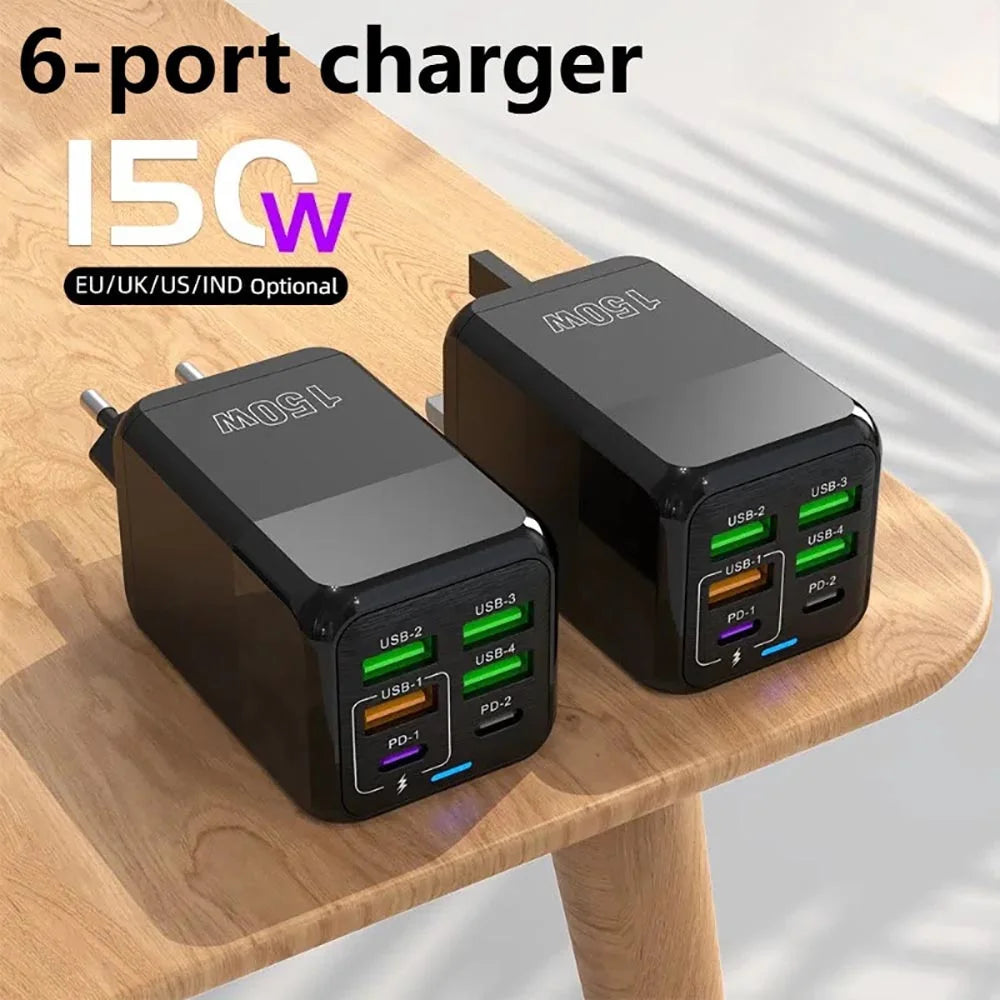 Chargeur USB 150W à 6 Ports et Charge Rapide 3.0 - Câble USB-C OFFERT