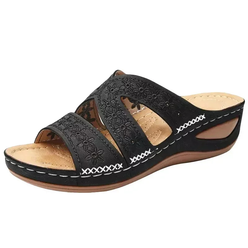 Sandales Mules Ortho+ à Talon Compensé à Motif Fleurs Cousues
