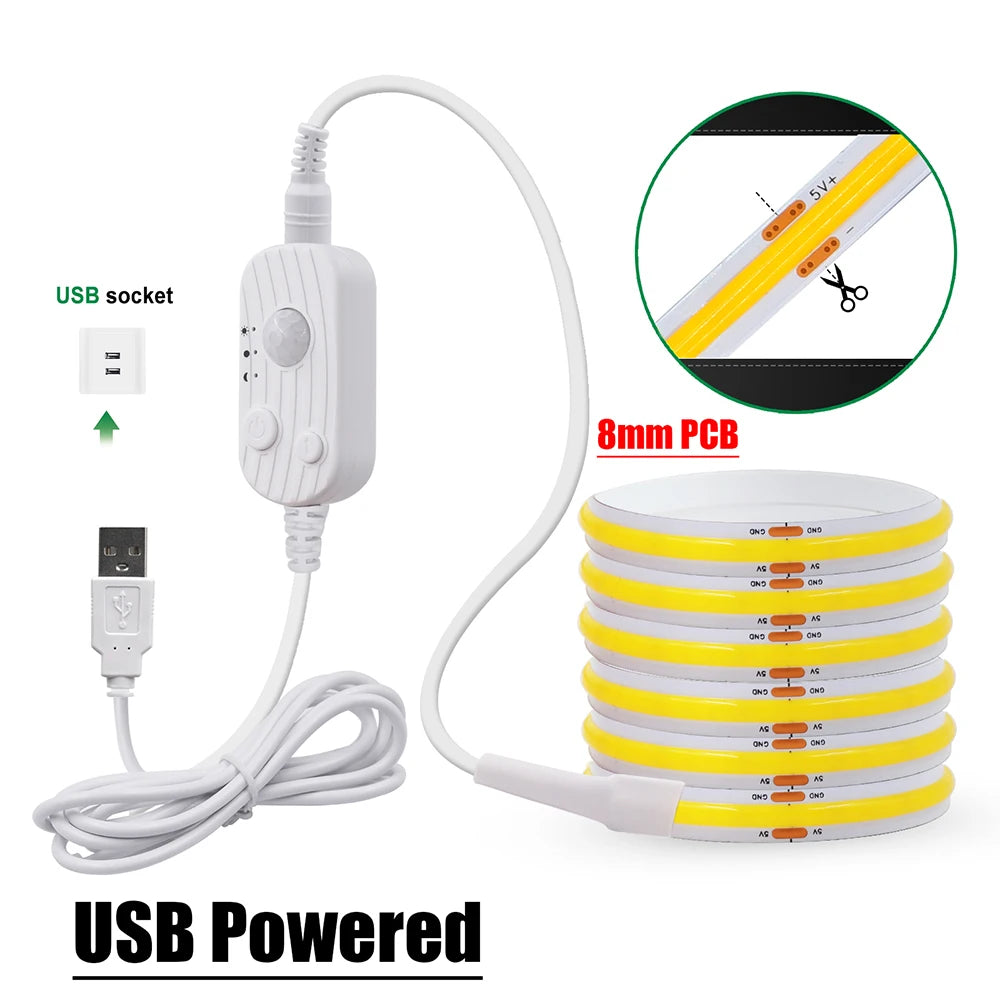 Bande 320 LED COB 5V avec Capteur de Mouvement, Flexible & Rechargeable USB – 8 Couleurs & 5 Tailles