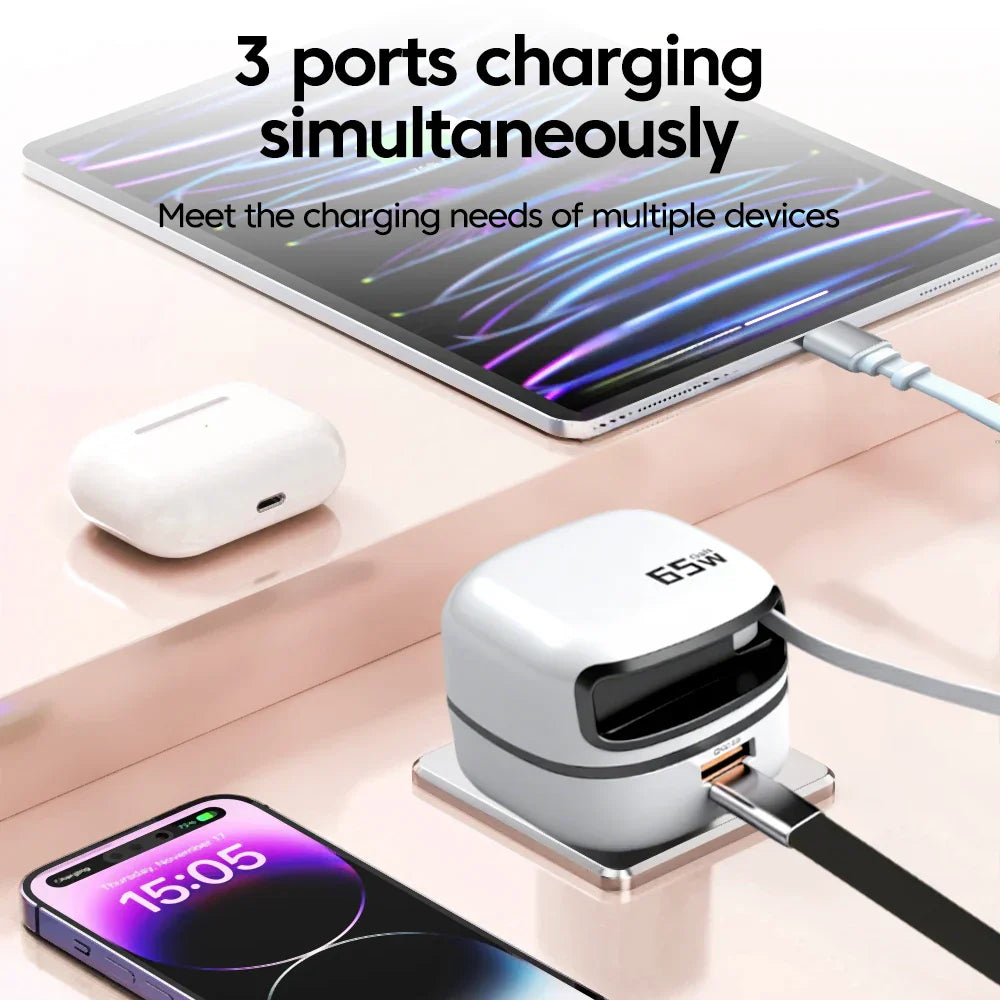 Chargeur Rapide 65W 2 Ports + Câble Rétractable