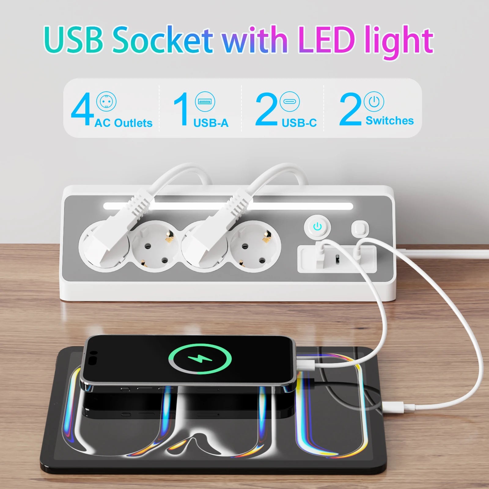 Multiprise LED 4 Prises et 3 USB - Charge Rapide