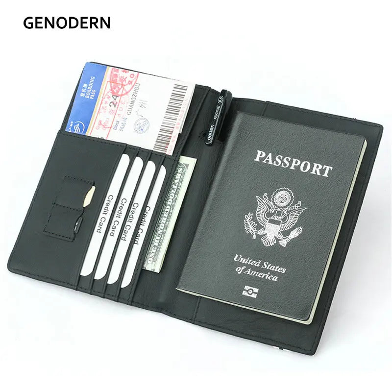 Porte-Passeport RFID en Cuir Véritable & Bande Élastique – Rangements Cartes, Billets, Stylo et Cartes SIM