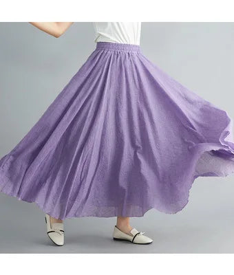 Jupe Longue en Coton & Lin à Taille Haute Élastique