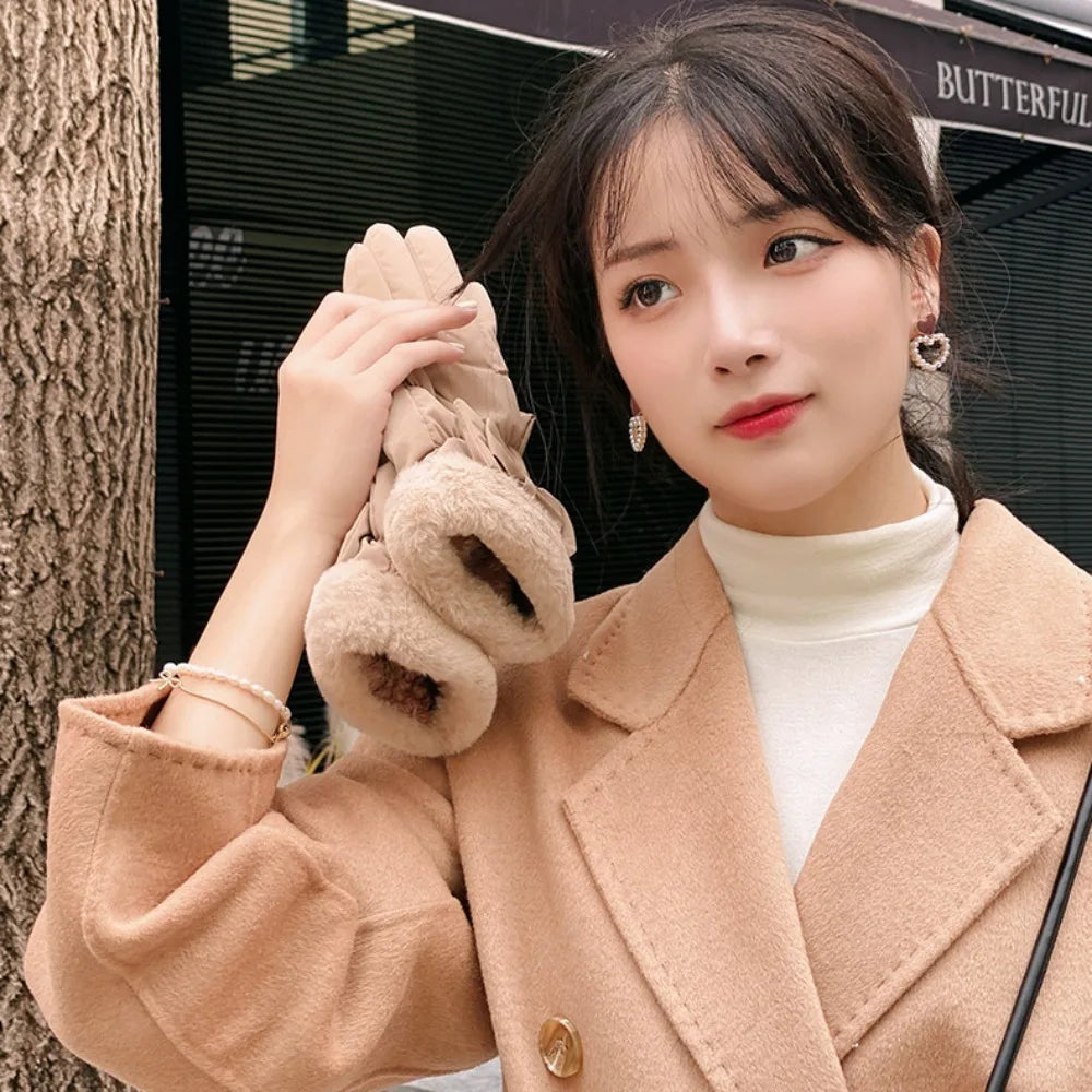 Gants chauds & imperméables intérieur fausses fourrure avec noeud