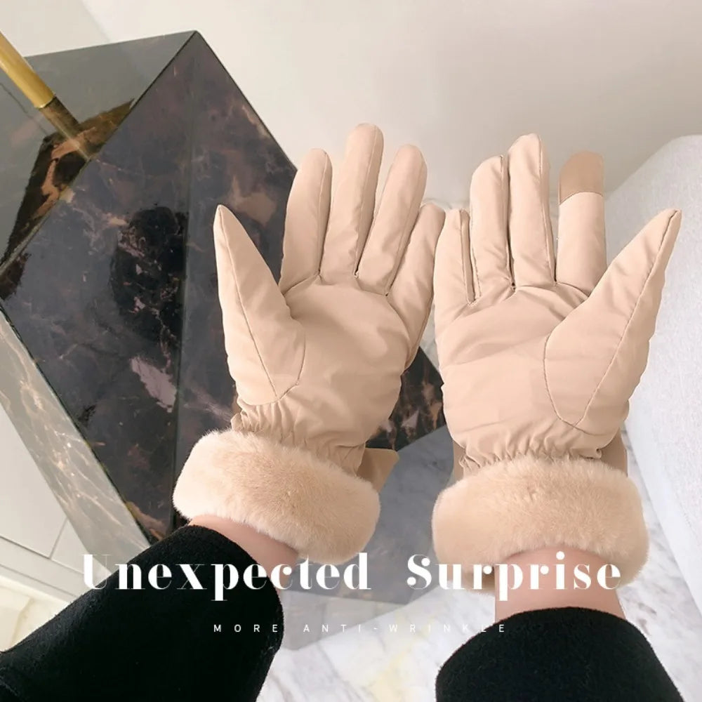 Gants chauds & imperméables intérieur fausses fourrure avec noeud