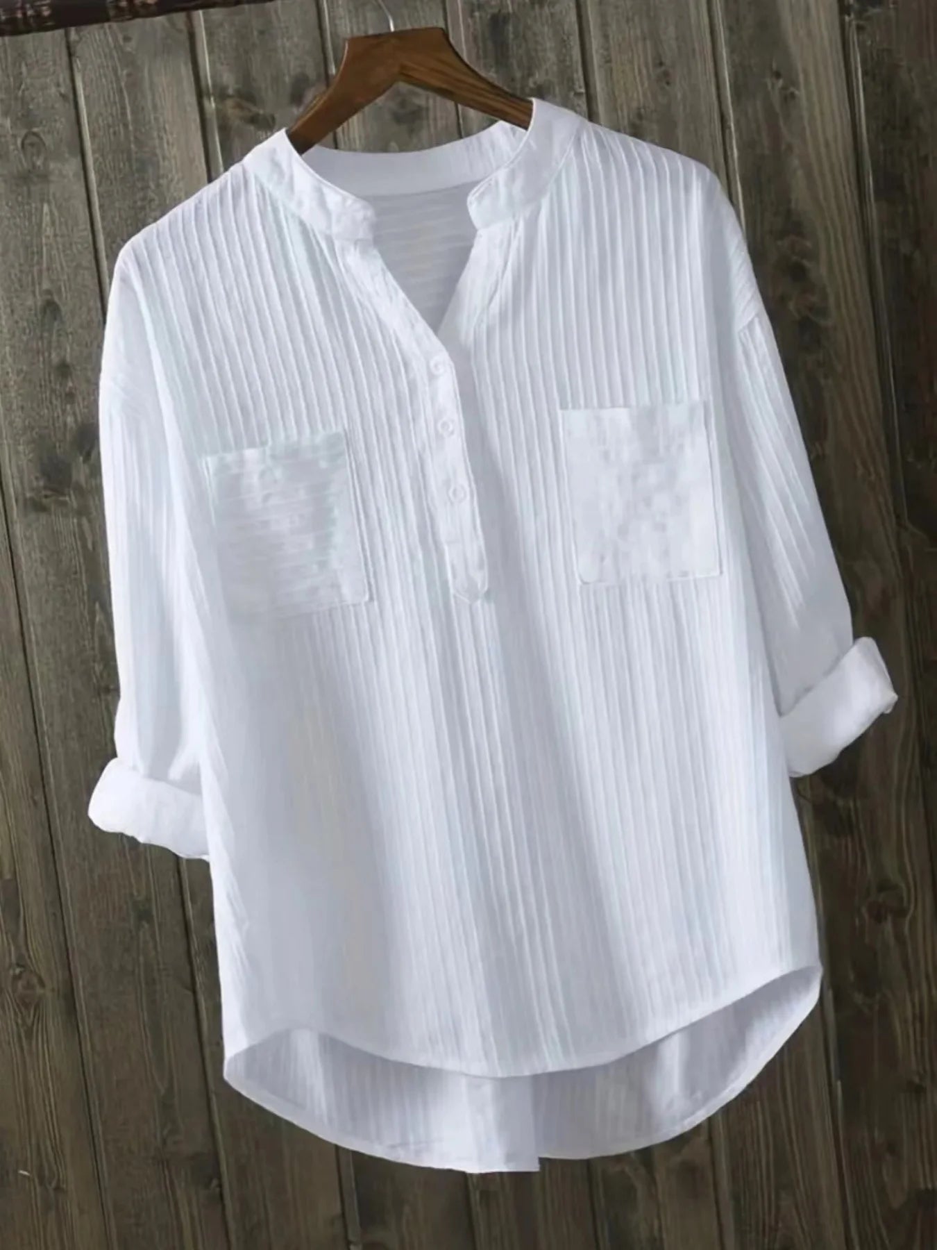 Chemise Col Mao à Boutons Manches 3/4 Retroussables & Poches - Femme