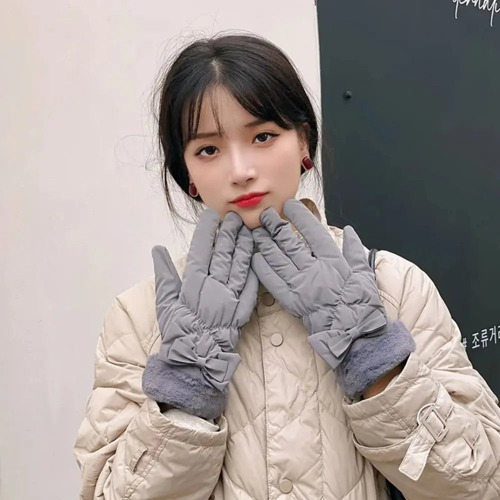 Gants chauds & imperméables intérieur fausses fourrure avec noeud