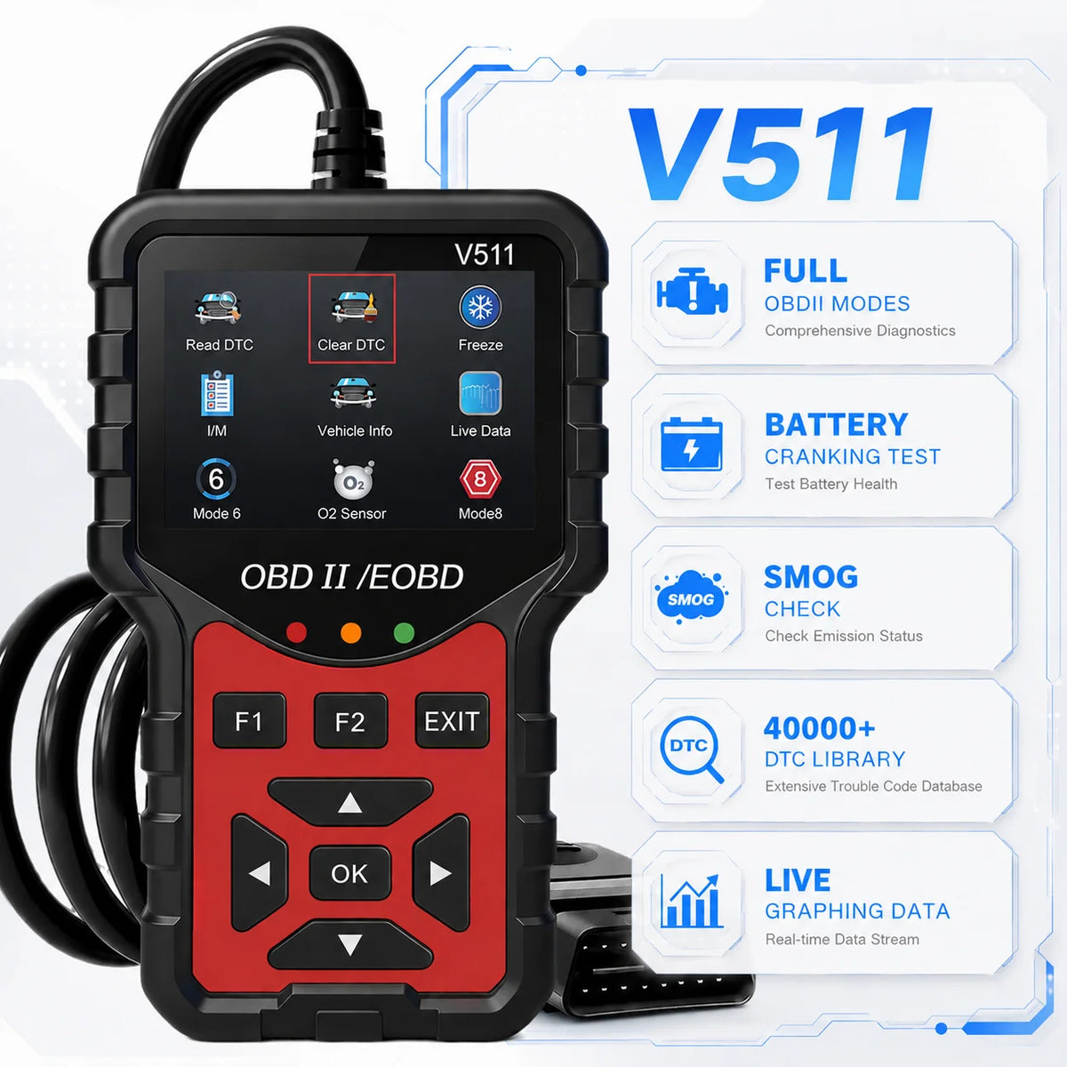 Outil Diagnostic Auto OBD2 V511 – Lecteur de Codes Moteur, Testeur de Batterie & Données en Temps Réel