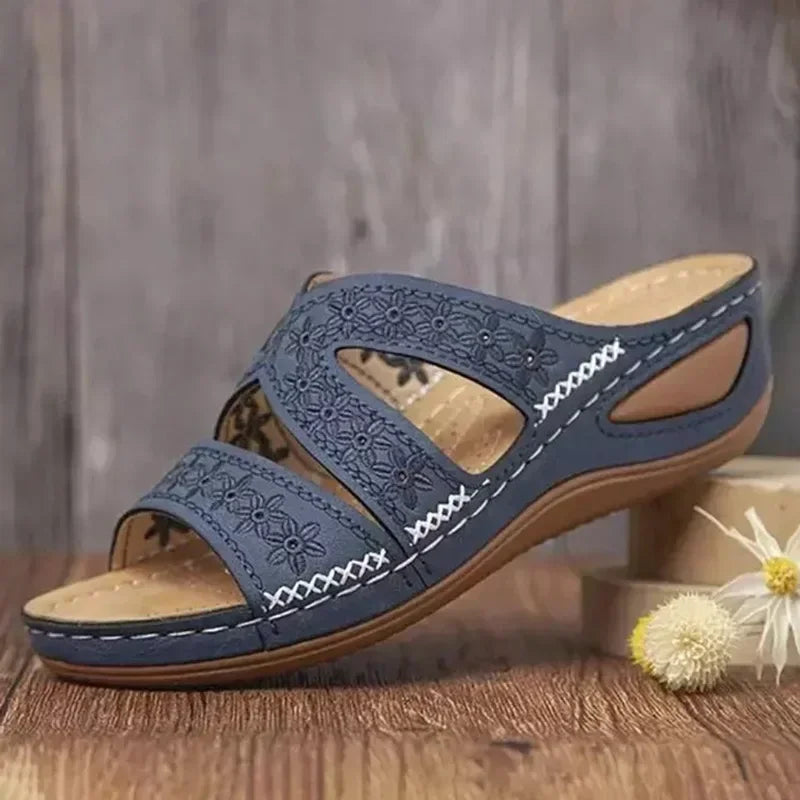 Sandales Mules Ortho+ à Talon Compensé à Motif Fleurs Cousues