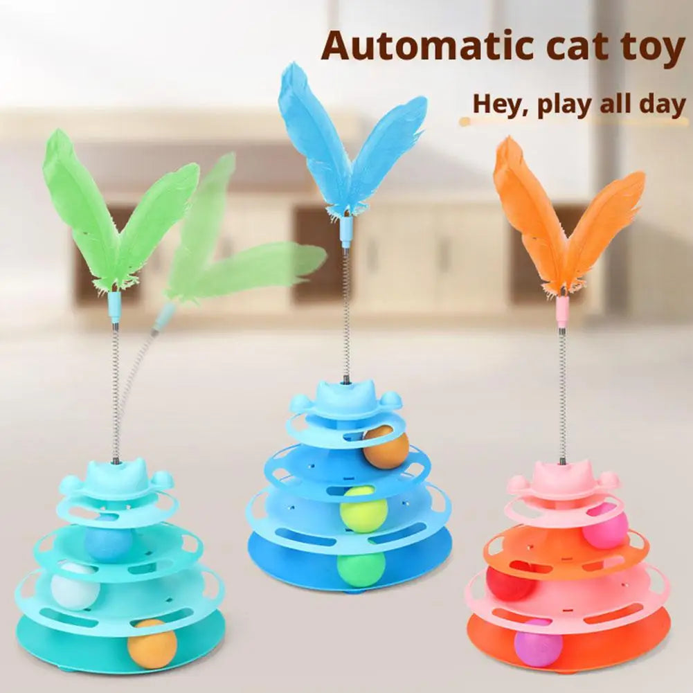 Jouet Interactif pour Chat à 4 Niveaux – Circuit de Balles Tournantes & Plume Mobile – Jeu d’Éveil et d’Exercice
