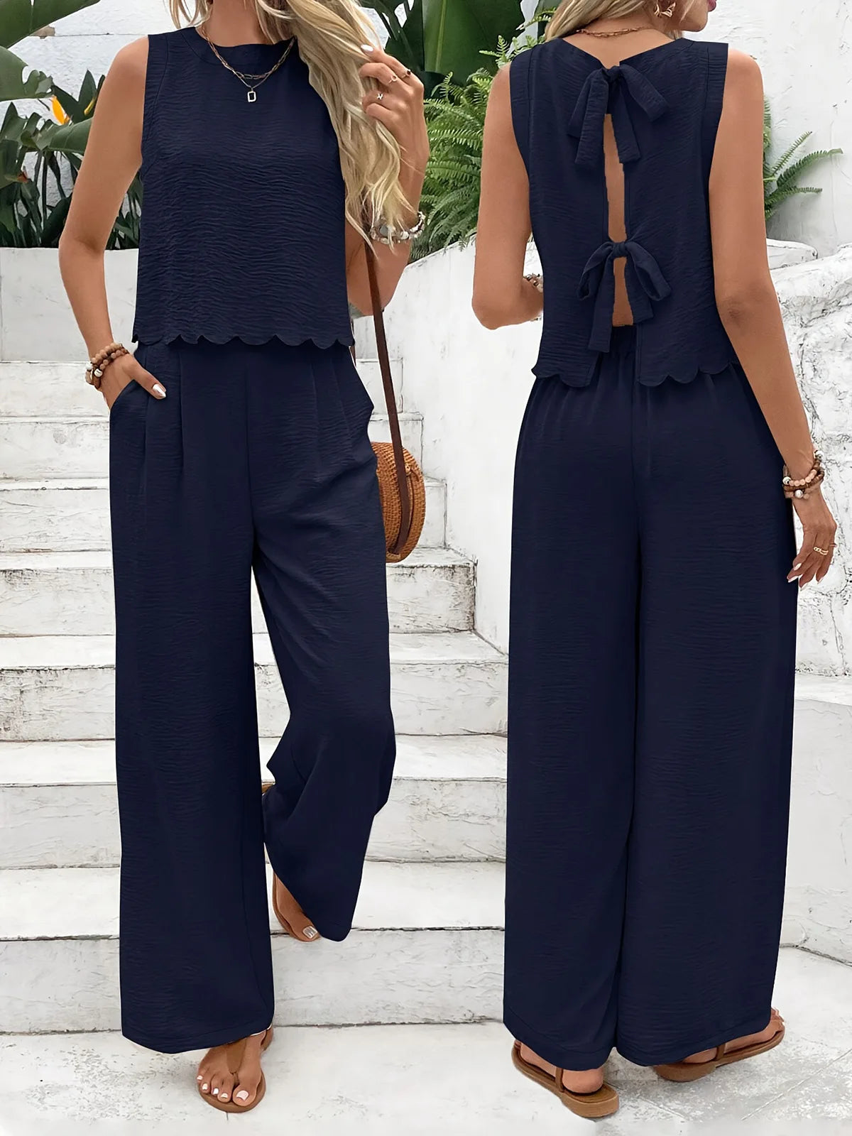 Ensemble 2PCS Pantalon Fluide + Top à Noeud dans le Dos